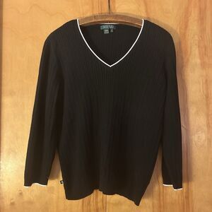 Lauren Ralph Lauren Womens Black Cable Knit VNeck-Cotton-Sz L-Preppy-Old Money